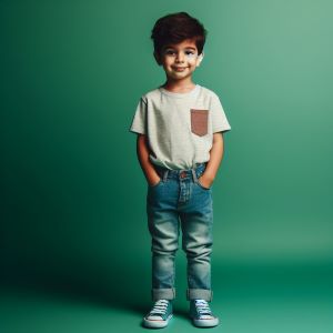 boy standing in white t shirt and blue jeans