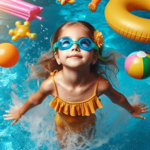 girl wimming_ in a pool on blue water