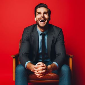 man sitting on a chair with red background