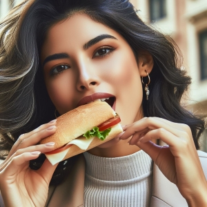 beautiful woman eating a sandwich