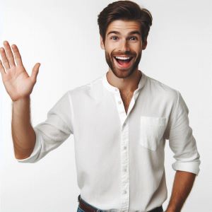 a man waving on a white background, man saying hello.