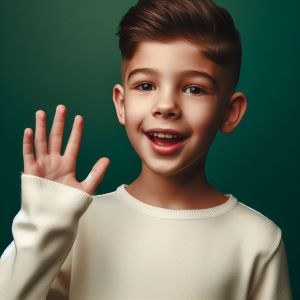 boy speaking hi waving