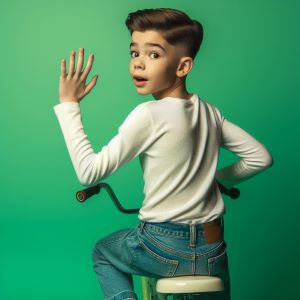 boy waving from back, on a bicycle