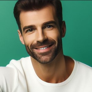 A portrait of a man on green background