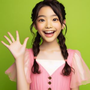 girl smiling and waving on an green background