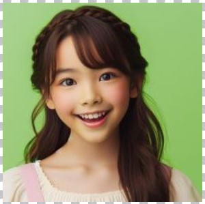 a girl smiling on a green background