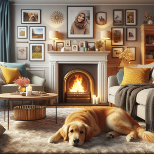 the home with fireplace is on and a dog