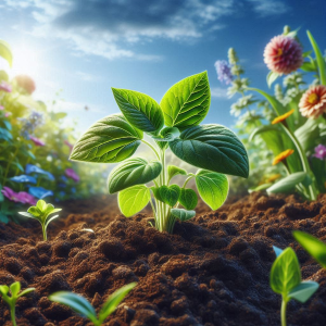 a green plant growing over dirt.