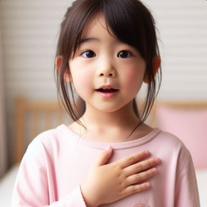 girl in pink speaking with a hand.