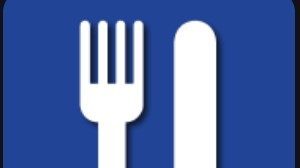 white knife and fork symbol on blue.