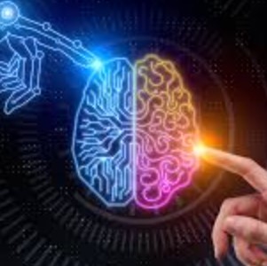 lights and shaining neon colors two hands robotic hand and human hand drawing lights on black backscreen