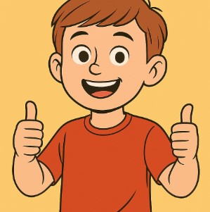 cartoon boy smiling speaking with thumbs up