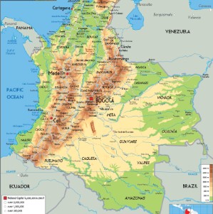 colombia map in yellow green blue and orange