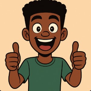 cartoon of a boy african with hands thumbs up and smiling with a green t-shirt on cream color background.