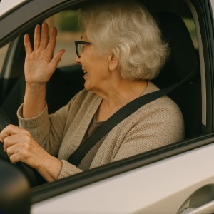 lady in a car waving shoulder.
