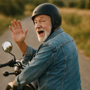 senior waving from back on a motorcycle