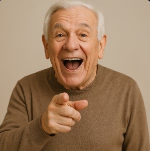 senior pointing on gray backscreen