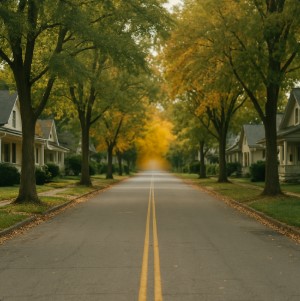 an empty street day in summer with trees and houses neighbourhood