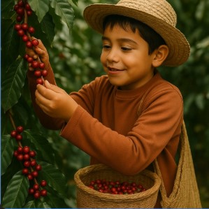 boy harvesting coffee seeds he is in dark orange long sleeved shirt he is smiling