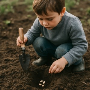 boy he plants seeds on dirt