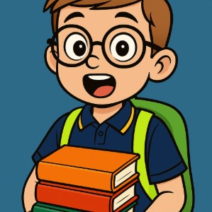 boy cartoon student with books glases and a green bag.