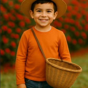 boy is going to harvest coffee he is smilign and wearing orange long sleeved shirt