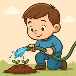 boy is watering plants he is in blue