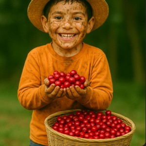 boy smilign with coffee red seeds harvested he is in long sleeved shirt