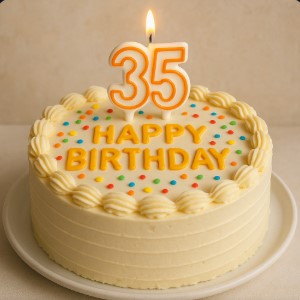 cake 35 candle white cream some few color sprinkles