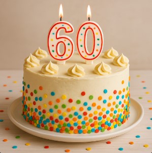 cake 60 candle white cream color sprnikled.
