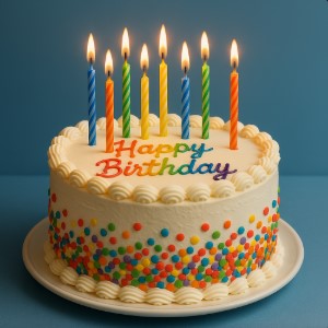 cake 8 candles colored sprinkled and white cream