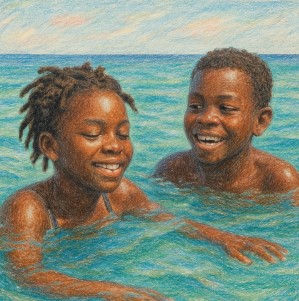 2 children are swimming in the sea
