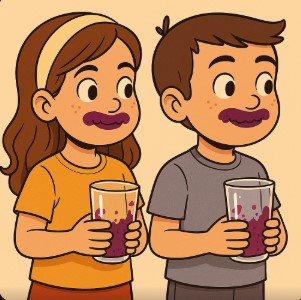 children drank juices they have spot of blackberry in face mustache