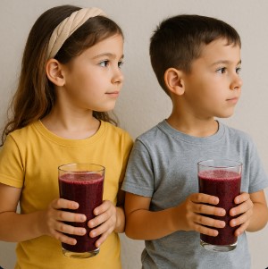 children with blackberry juice in hands they are in yellow and gray