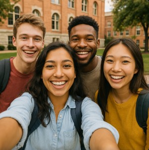 college students -clasmates, smiling selfie