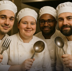 cooks smiling in the kitchen wearing white uniform with forks and spoons
