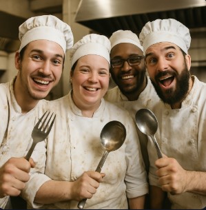 cooks open mouth in the kitchen wearing white uniform with forks and spoons