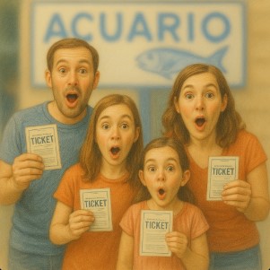 family visit tickets in hand for the aquarium