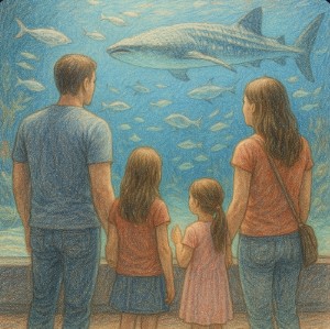 family visiting an aquarium