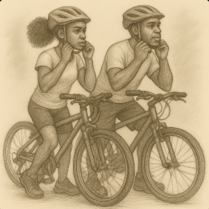 girl and guy pencil going to ride bycicle