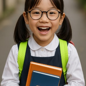 girl student i white and dark blue, with books and glases she speaks