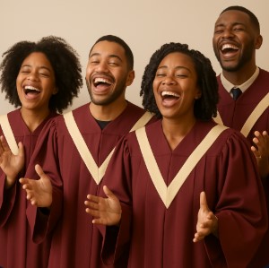 gospel chorus singers in dark red clothes, they are singing