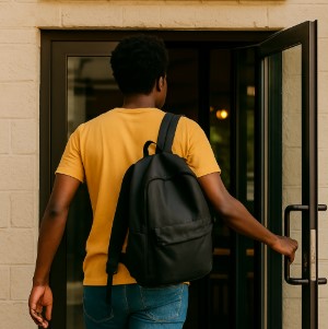 an african guy in yellow to go across the door