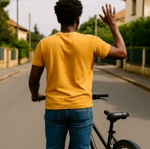 guy you will go in yellow with a bicycle in hand.