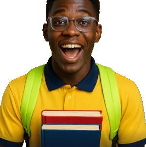 guy _ student in yellow and with a green bag and glases and two books on white
