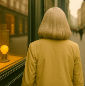 lady she looked at showcase now she is walking on back