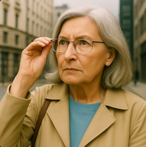 lady to look city she has glasses in the city