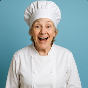 lady_ chef in white uniform on blue she is speaking