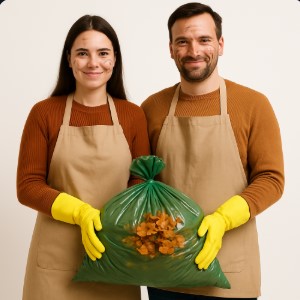 man and woman wearing work clothes and yellow globes cleaned autumn leaves on withe