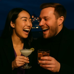 man and woman with a coctel speaking